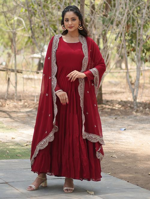 women solid long sleeve anarkali kurta with dupatta set - 21906037 - Very Small Image - 1