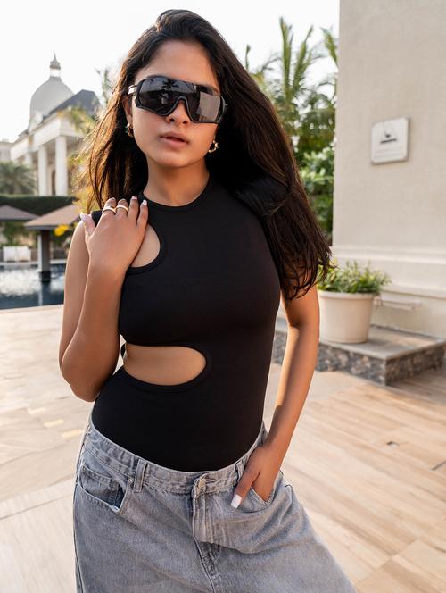 women solid sleeveless cut out bodysuit top - 21908953 - Very Small Image - 1
