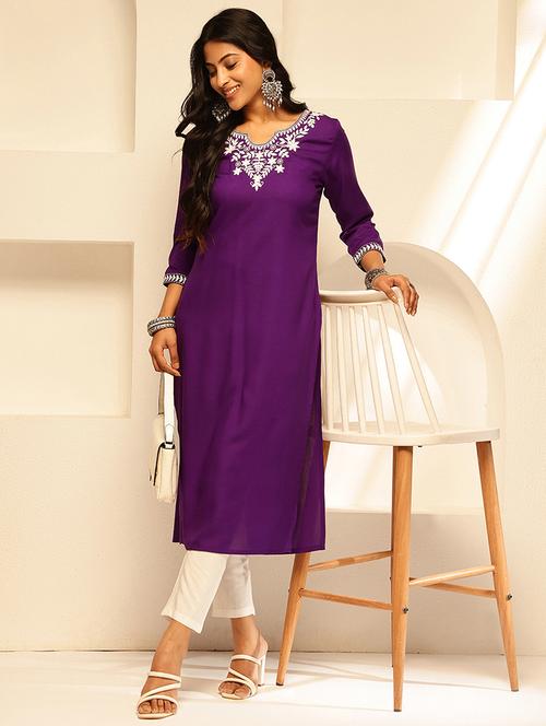 women embroidered three quarter sleeve straight kurta - 21909600 - Very Small Image - 1