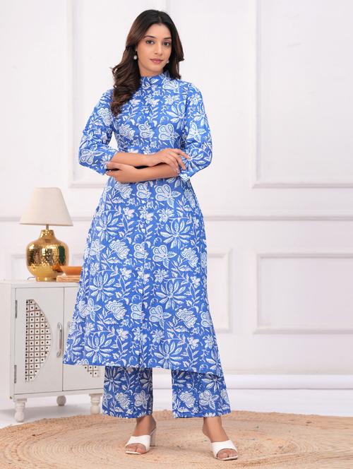 women blue three quarter sleeve kurta pant set - 21910086 - Very Small Image - 1