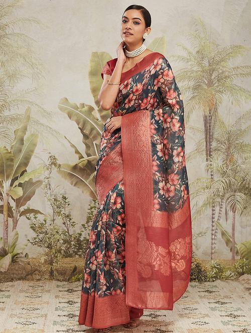 women floral printed bordered saree with blouse - 21911840 - Very Small Image - 1
