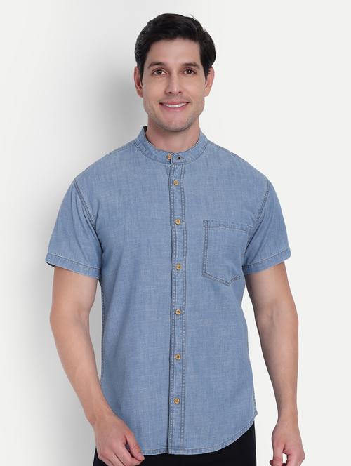 men solid mandarin neck denim shirt - 21916282 - Very Small Image - 1