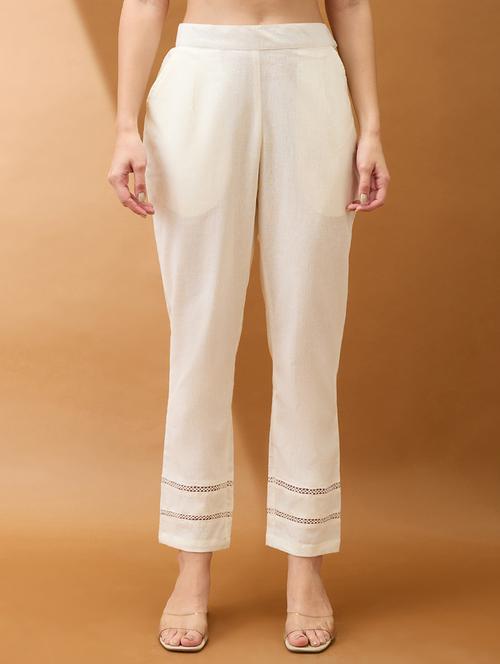 women off white self design lace detail mid rise parallel pant - 21918813 - Very Small Image - 1