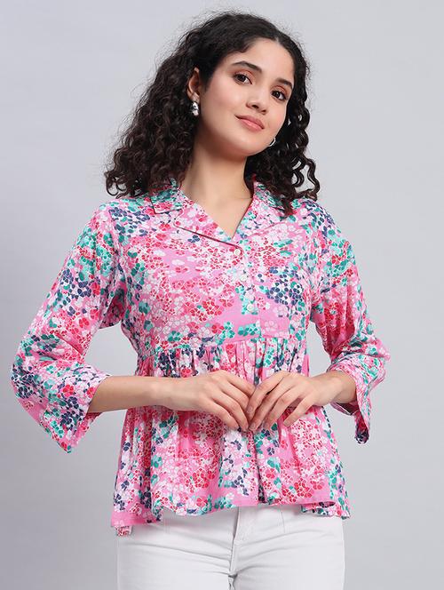 women floral printed laple neck peplum top - 21921166 - Very Small Image - 1