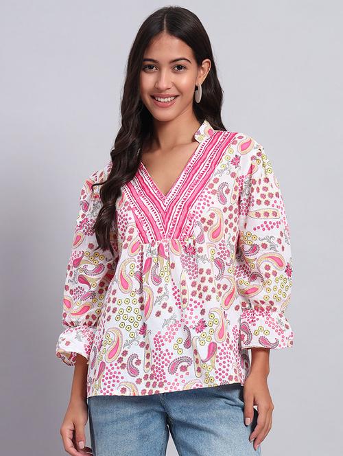 women printed puff sleeves mandarin neck top - 21921170 - Very Small Image - 1