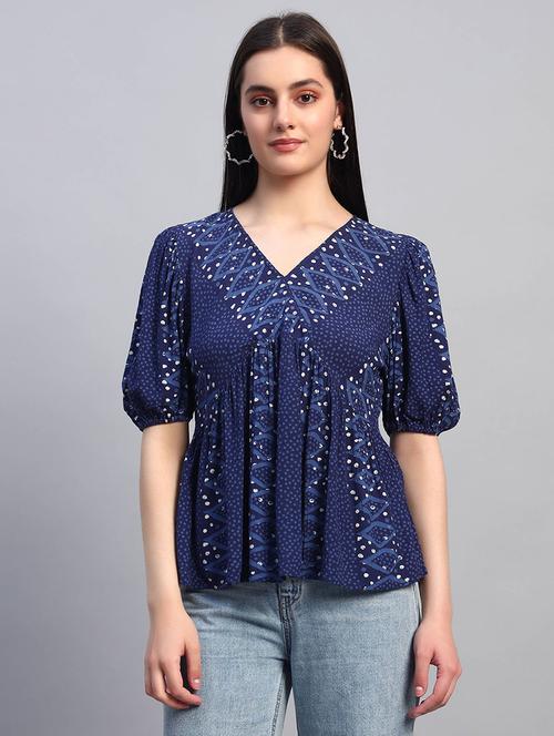 women printed puff sleeves flared top - 21921171 - Very Small Image - 1