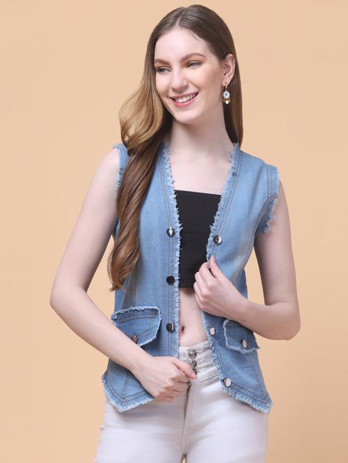 women solid sleeveless denim jacket - 21932771 - Very Small Image - 1