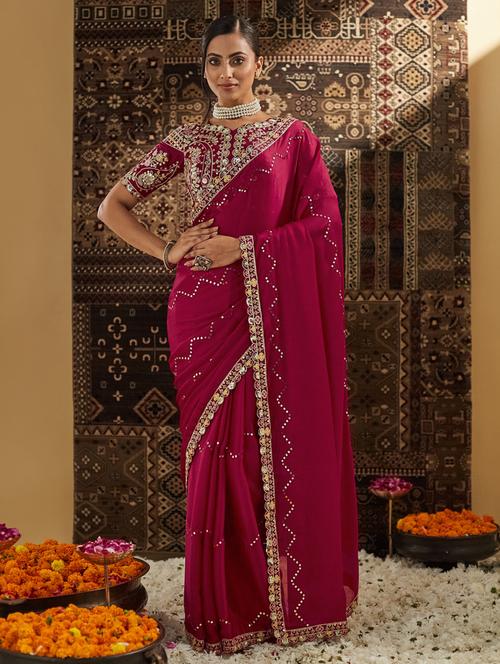 women solid with work embroidered saree with blouse - 21939165 - Very Small Image - 1