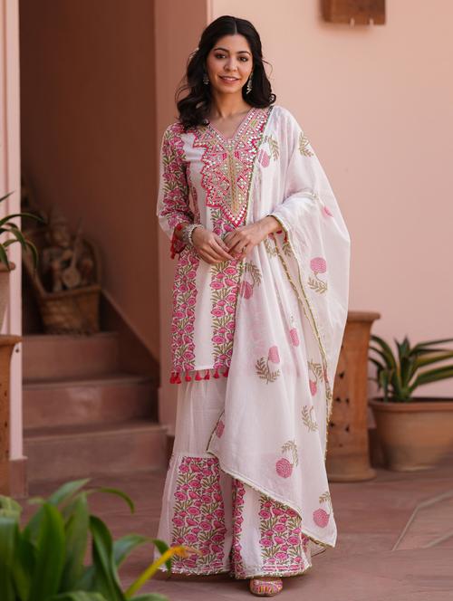 women three quarter sleeve kurta sharara with dupatta set - 21941569 - Very Small Image - 1
