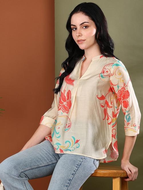 women cream three quarter sleeve ethnic top - 21943515 - Very Small Image - 1
