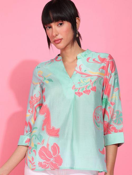 women sea green three quarter sleeve ethnic top - 21943516 - Very Small Image - 1