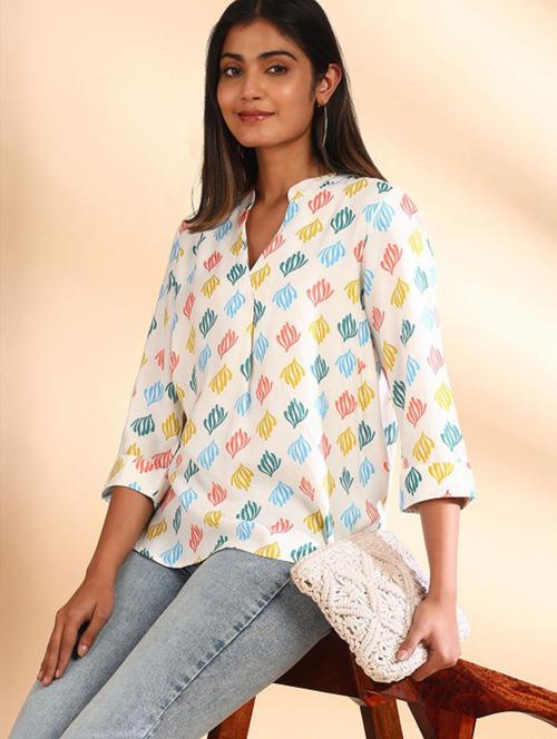 women printed three quarter sleeve ethnic top - 21943519 - Very Small Image - 1