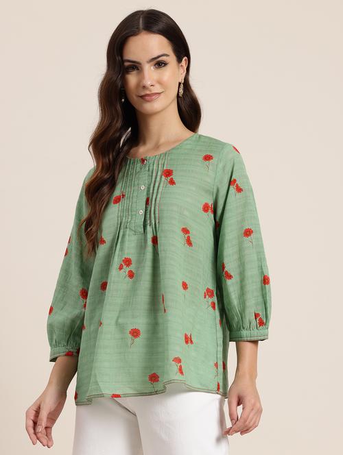 women green floral printed puff sleeve ethnic top - 21943596 - Very Small Image - 1