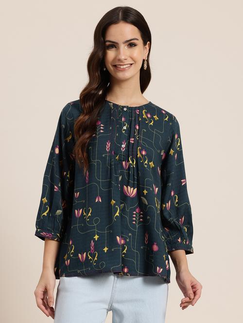 women navy blue floral puff sleeve ethnic top - 21943597 - Very Small Image - 1