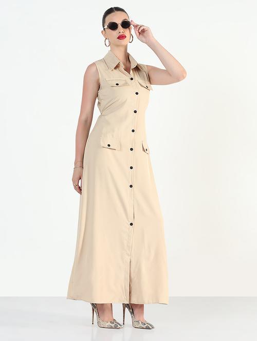 women beige solid collared sleeveless shirt dress - 21946346 - Very Small Image - 1