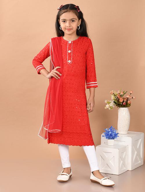 girls embroidered round neck kurta and dupatta set - 21948196 - Very Small Image - 1