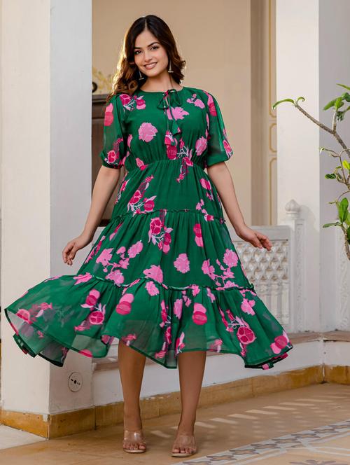 women floral printed tie-up neck tiered dress - 21949586 - Very Small Image - 1