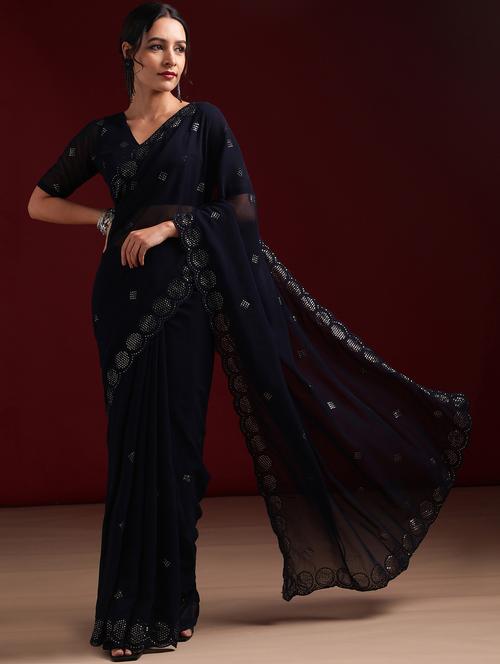 women solid with work embellished saree with blouse - 21949617 - Very Small Image - 1