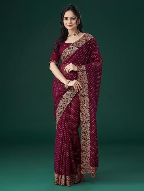 women solid with work embroidered saree with blouse - 21949674 - Very Small Image - 1