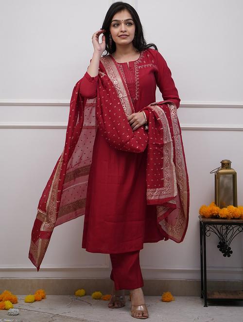 women three quarter sleeve kurta pant with dupatta set - 21954201 - Very Small Image - 1