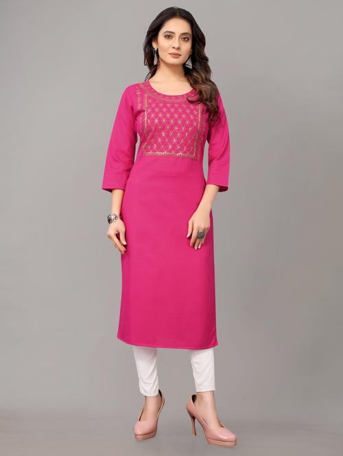 women solid with work three quarter sleeve straight kurta - 21954340 - Very Small Image - 1