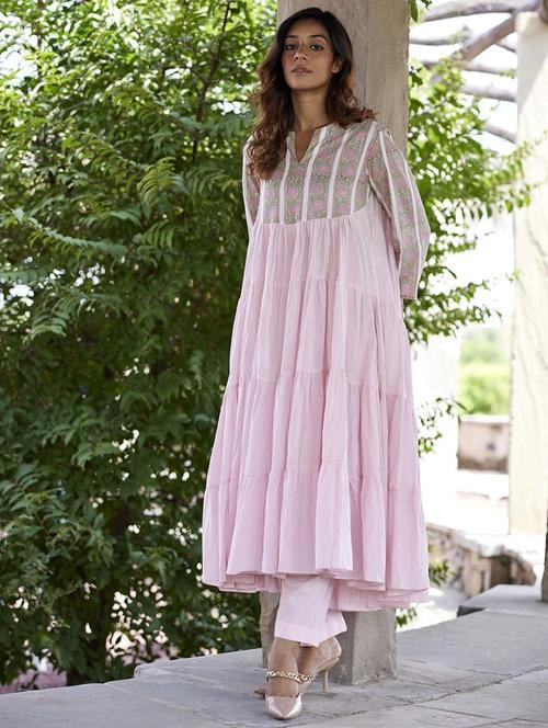 women pink floral long sleeve tiered kurta - 21956044 - Very Small Image - 1