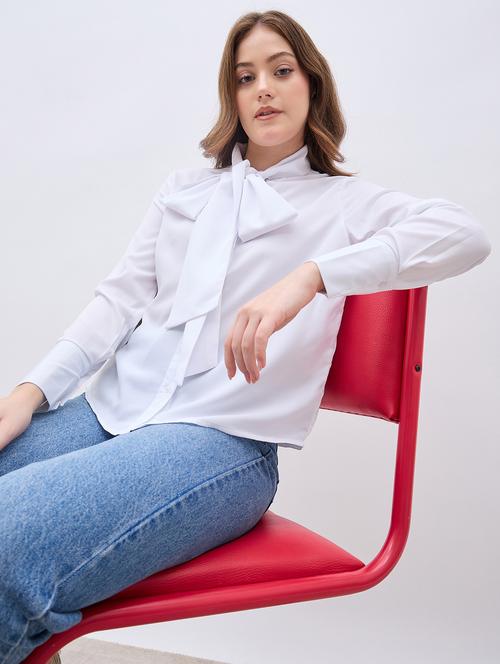 women white solid tie up neck long sleeve regular shirt - 21958020 - Very Small Image - 1
