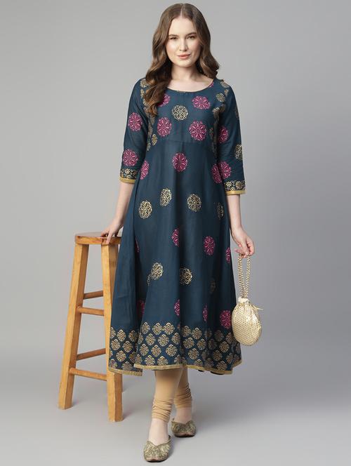 women printed three quarter sleeve anarkali kurta - 21961574 - Very Small Image - 1