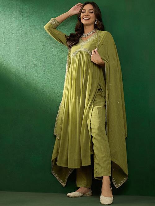 women three quarter sleeve anarkali kurta pant with dupatta set - 21961681 - Very Small Image - 1