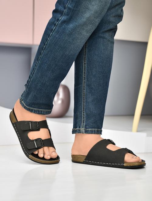 men black solid slip-on buckle sandal - 21963076 - Very Small Image - 1