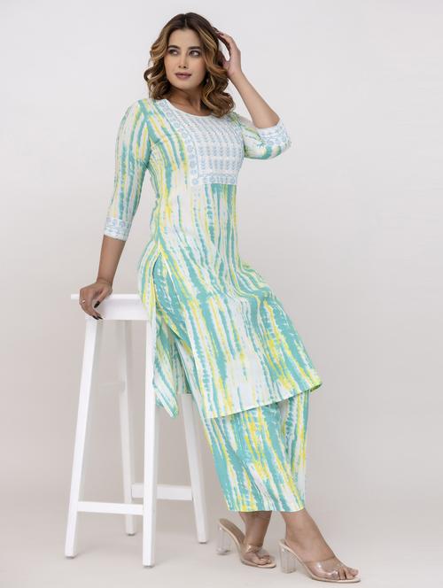 women printed round neck kurta and pant set - 21965078 - Very Small Image - 1