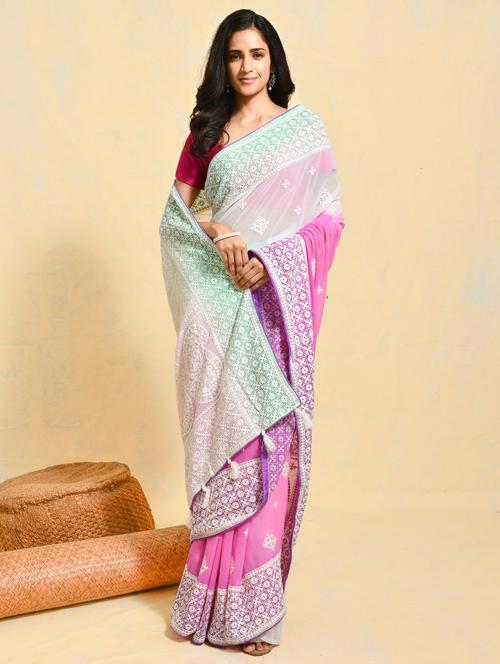 women ombre printed embroidered saree with blouse - 21965629 - Very Small Image - 1