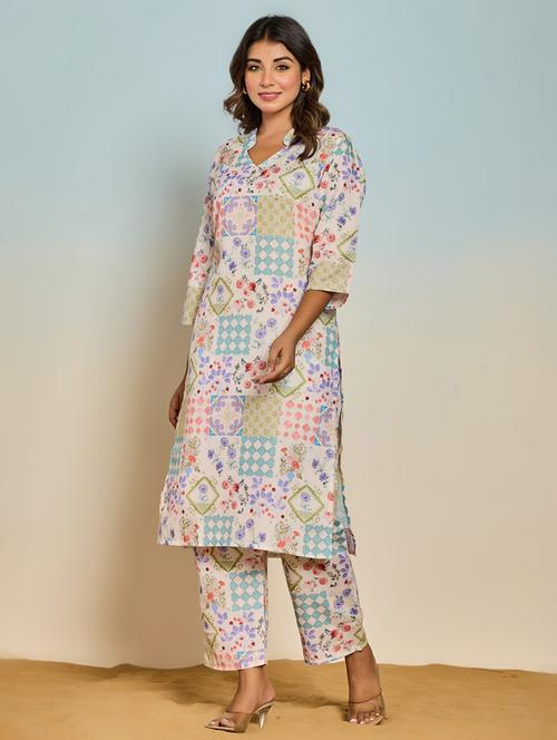 women printed three quarter sleeve kurta pant set - 21967280 - Very Small Image - 1