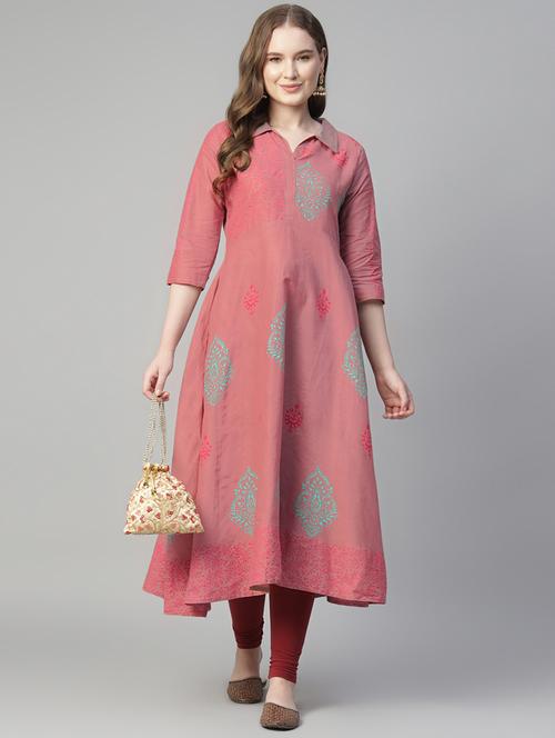 women red three quarter sleeve a-line kurta - 21968221 - Very Small Image - 1