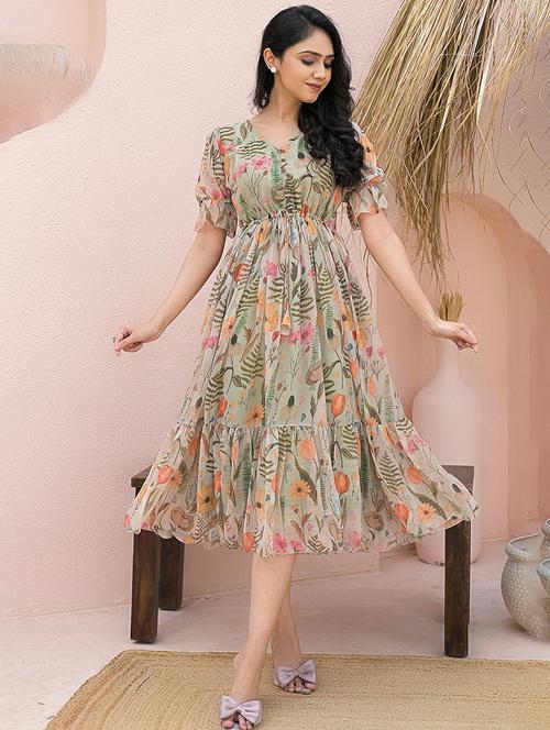 women floral print puff sleeve tiered dress - 21968504 - Very Small Image - 1