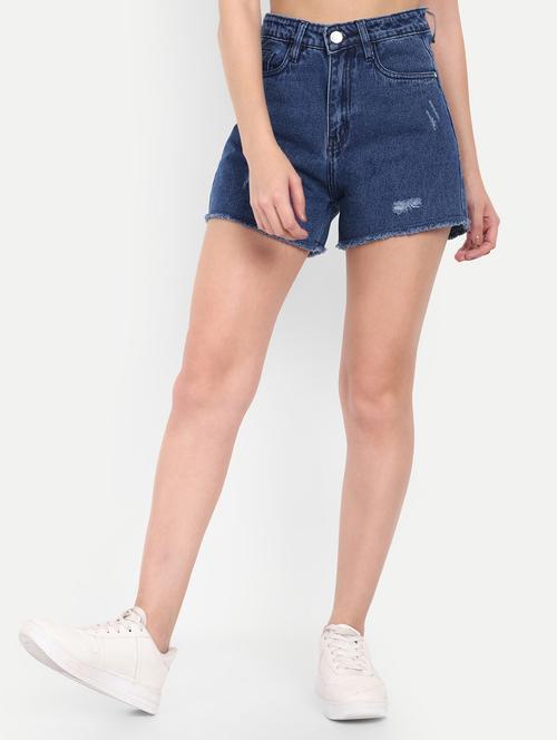women solid high rise distressed denim shorts - 21971843 - Very Small Image - 1
