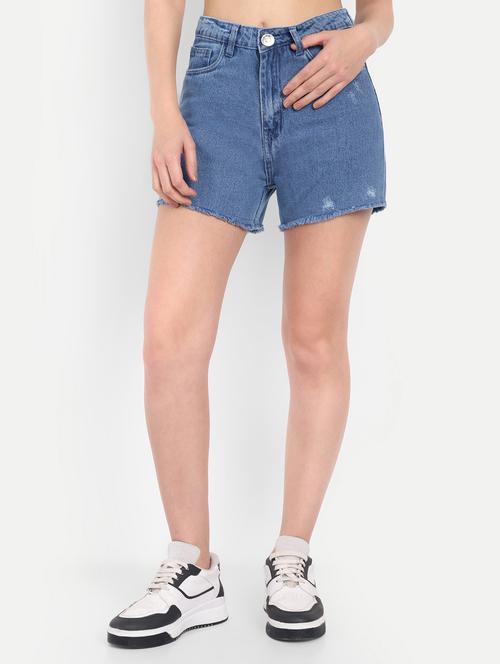 women solid high rise distressed denim shorts - 21971844 - Very Small Image - 1