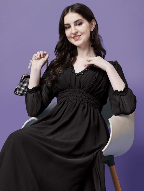women solid puff sleeve fit & flare maxi dress - 21972629 - Very Small Image - 1