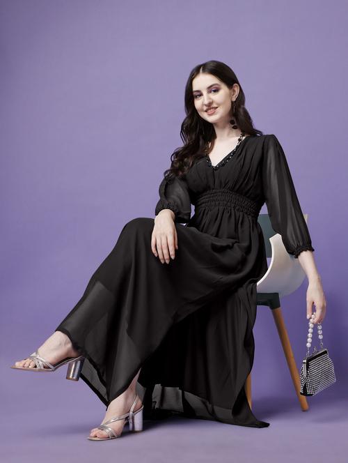women solid puff sleeve fit & flare maxi dress - 21972631 - Very Small Image - 1