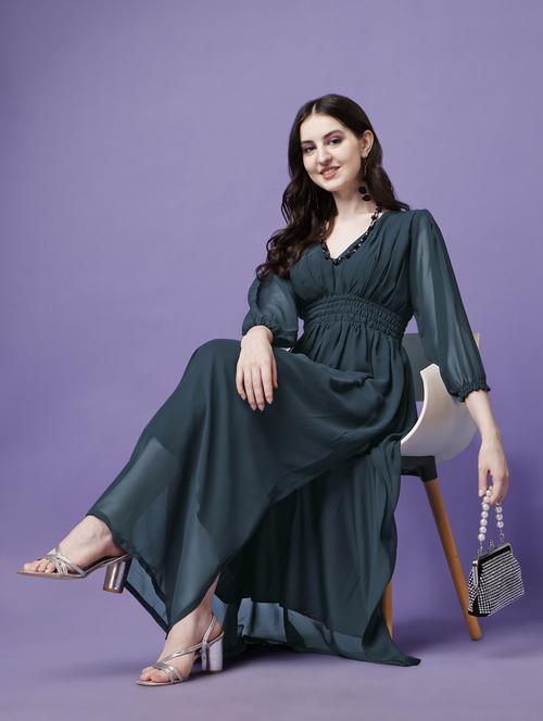 women solid puff sleeve fit & flare maxi dress - 21972632 - Very Small Image - 1