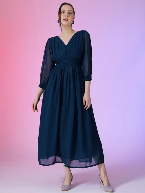women solid puff sleeve fit & flare maxi dress - 21972640 - Very Small Image - 1