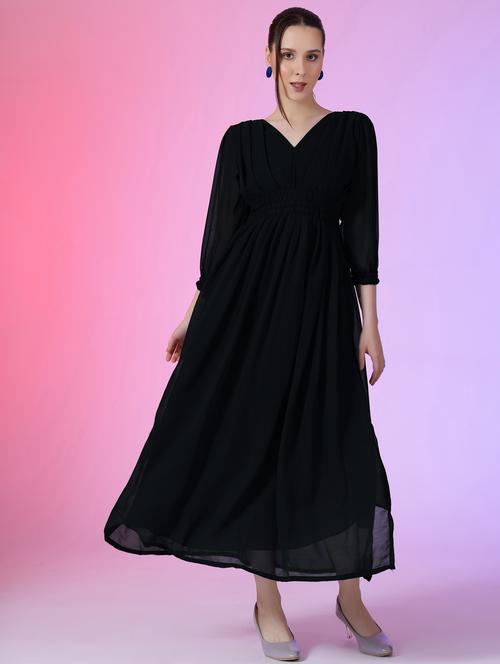 women solid puff sleeve fit & flare maxi dress - 21972643 - Very Small Image - 1