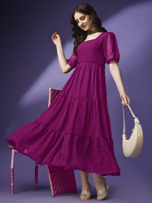 women solid puff sleeve tiered maxi dress - 21972849 - Very Small Image - 1