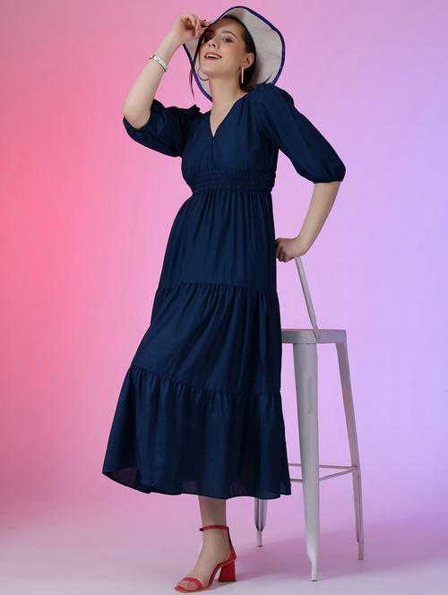 women solid puff sleeve tiered maxi dress - 21972894 - Very Small Image - 1