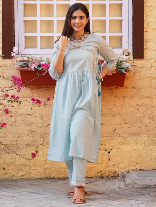 women solid with work three quarter sleeve angrakha kurta - 21974949 - Very Small Image - 1