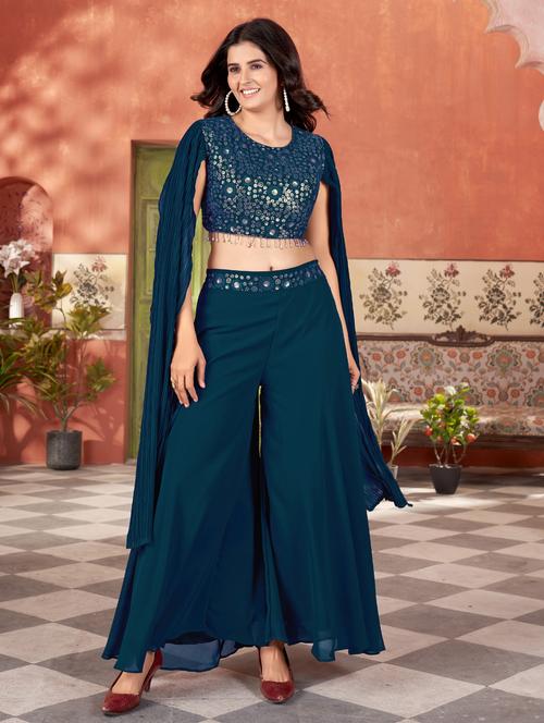 women solid with work round neck fusion set - 21975272 - Very Small Image - 1