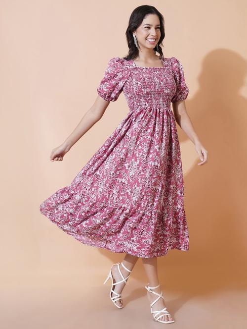 women pink printed puff sleeve tiered dress - 21975410 - Very Small Image - 1