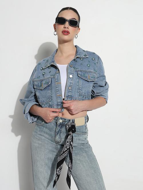 women embellished long sleeve crop denim jacket - 21979845 - Very Small Image - 1