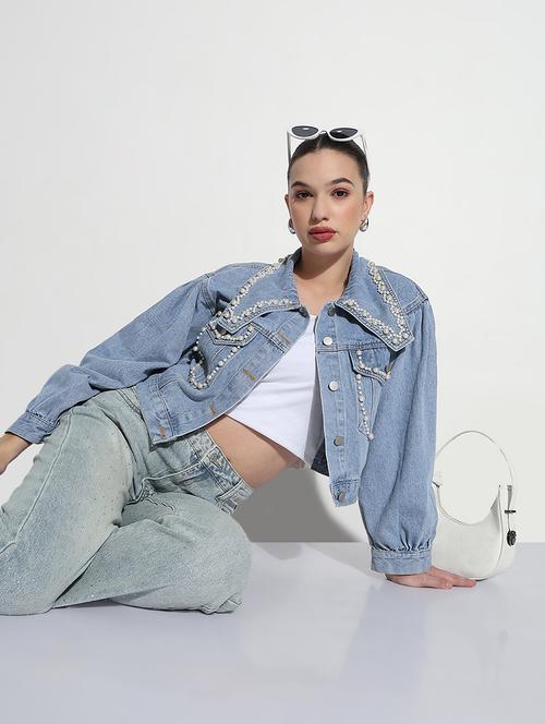 women embellished long sleeve crop denim jacket - 21979848 - Very Small Image - 1