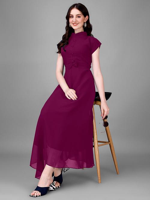 women solid mandarin neck fit & flare maxi dress - 21981948 - Very Small Image - 1